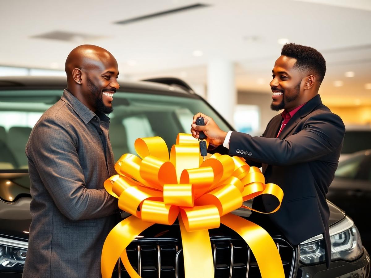 Customer receiving keys to a delivered SUV